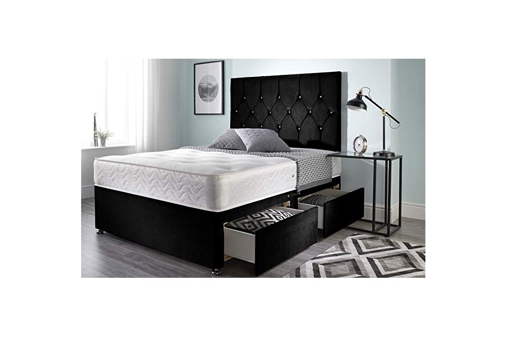 Bed Centre Ziggy Grey Plush Sprung Memory Foam Divan Bed Set With Mattress 135cm X 190cm Double Bottom Base And Headboard 2 Drawer 