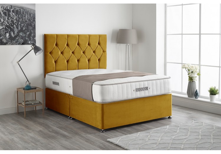120cm X 190cm And Headboard Small Double Bed Centre Ziggy Tumeric Plush Memory Foam Divan Bed Set With Mattress Bottom Base 2 Drawers 