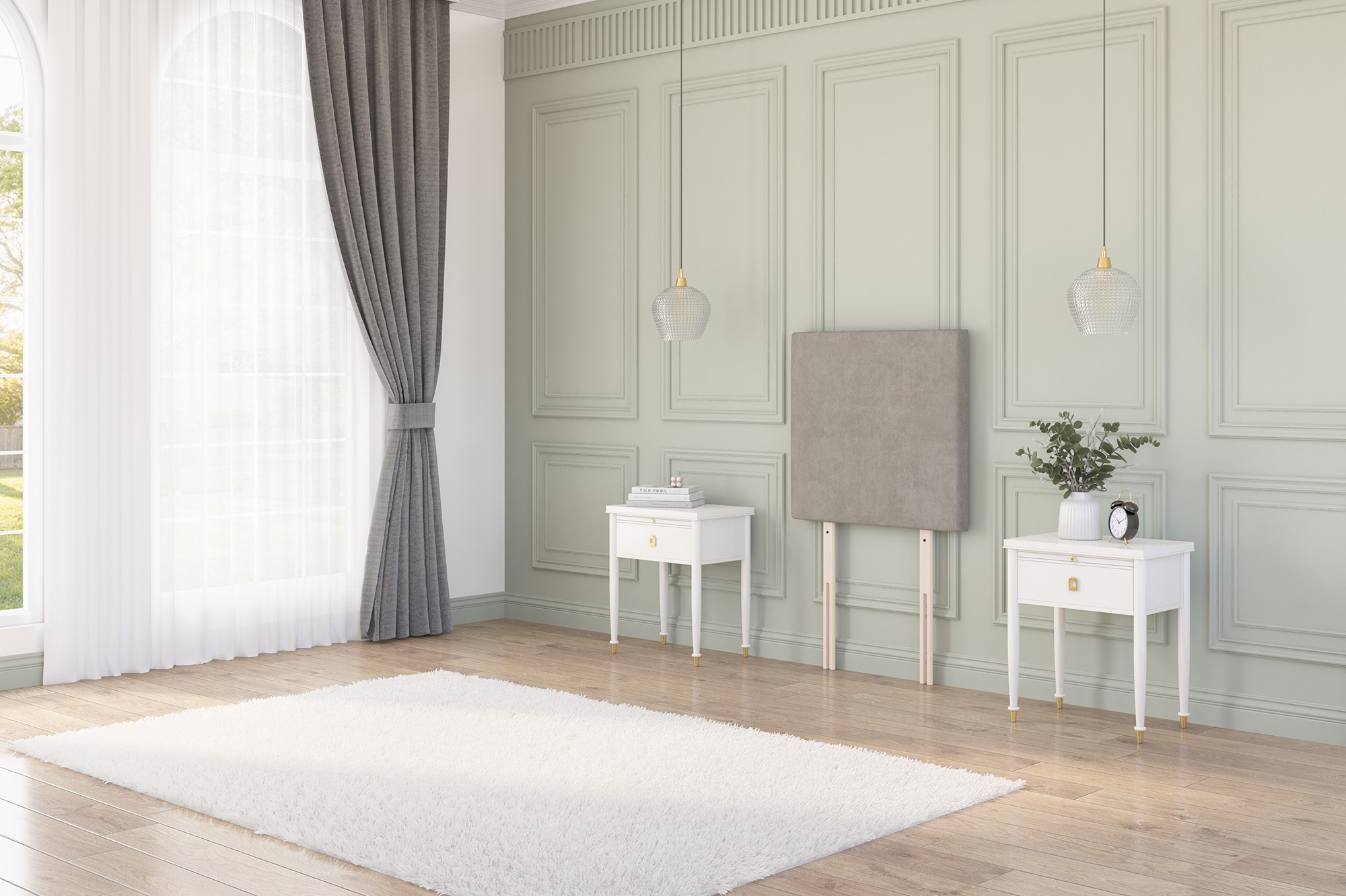 Chesterfield floor standing headboard in beige velvet, displayed between two black bedside tables in a classic interior.